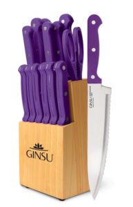 Ginsu Kiso 14-Piece Purple Knife Set with Natural Block - Dishwasher Safe and Always Sharp